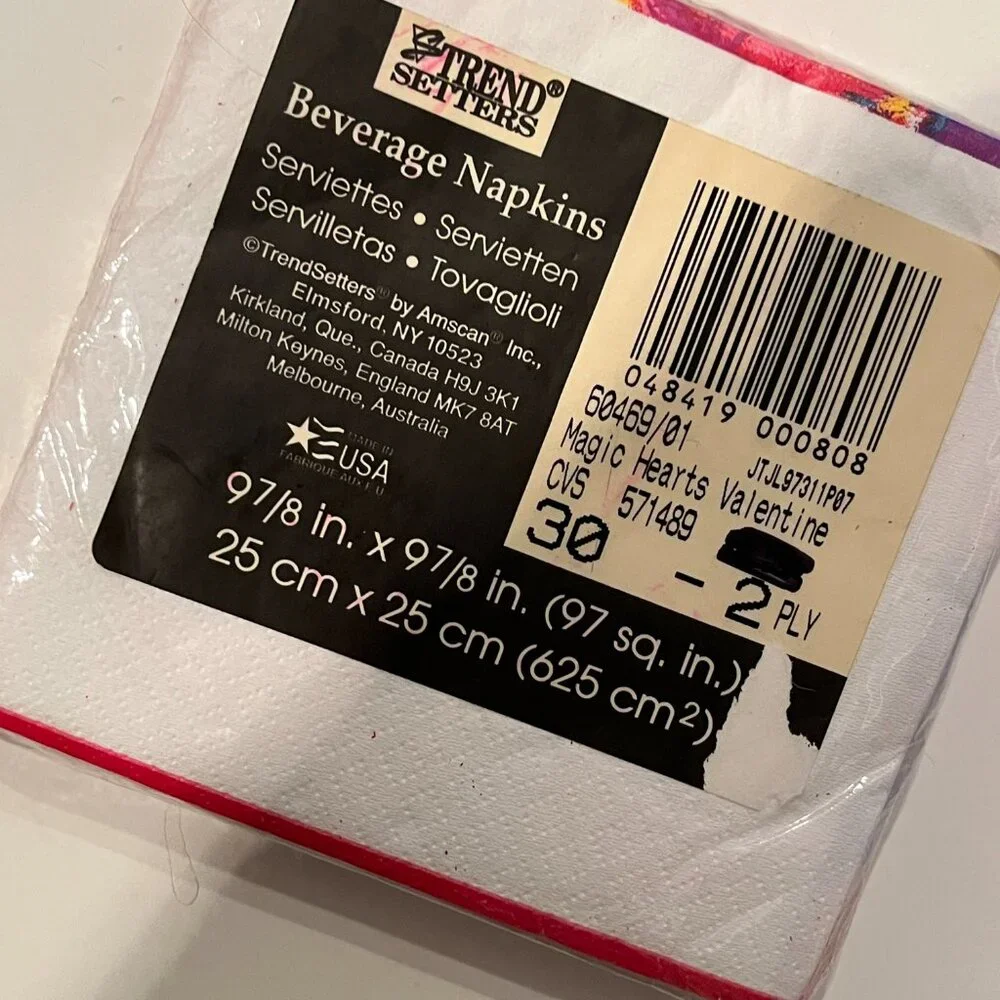 Valentine's Day Cocktail Napkins Pack of 30 Red and Pink Hearts‎ (New)